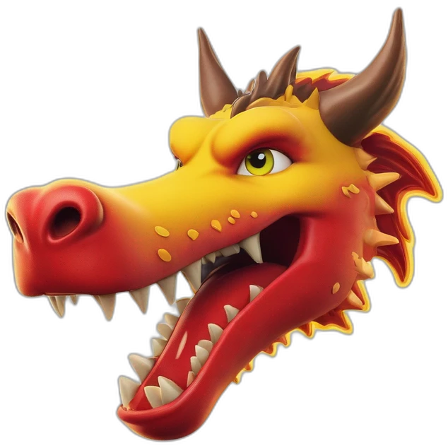 Un dragon mi loup rouge et jaune moutardes, avec des corne jaune moutard. Il qui crache du feux emoji
