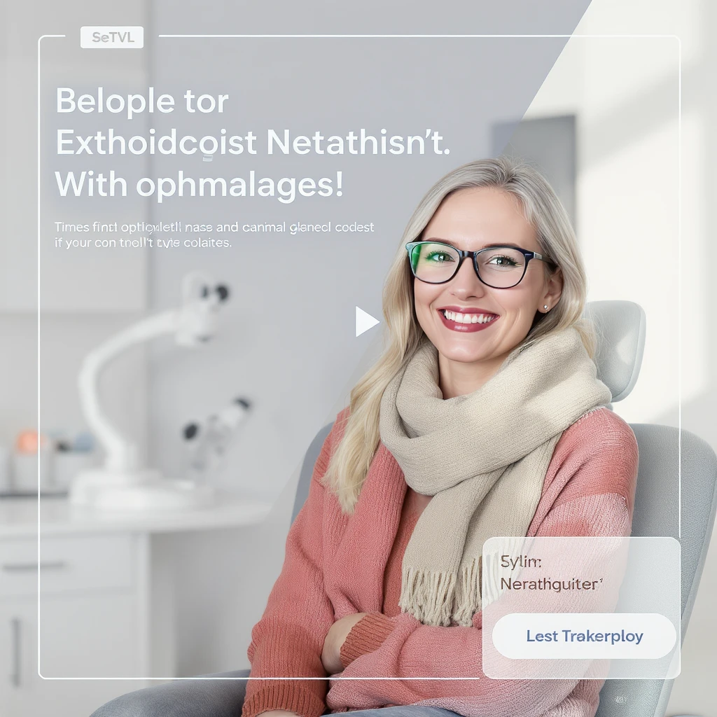 TV Advertising of a smiling european white woman with glasses smiling, minimalistic ophthalmologist interior in background, leading  lines, rule of thirds emoji