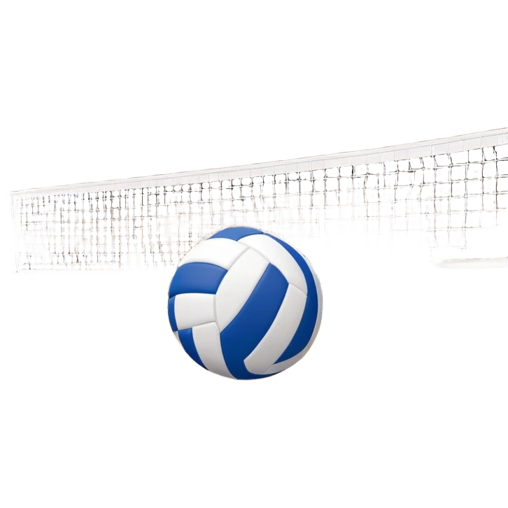 A close-up of a volleyball on the court, with the net in focus and the court markings visible. The background shows the stands filled with spectators, creating an energetic atmosphere of a volleyball match, with attention to detail on the equipment and the surrounding environment. emoji