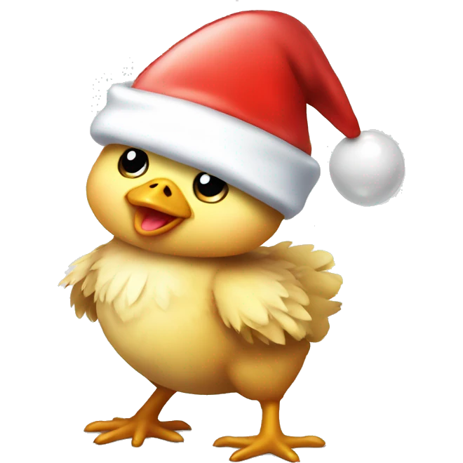 Baby chicken wearing Santa hat holding balloon emoji