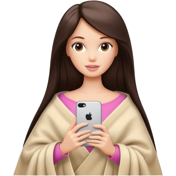 Barbie girl with a long straight dark brown hair inside a pale beige blanket holds an iPhone in her hands emoji
