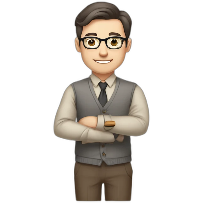 Pale skinned fit man teacher with dark brown hair in gray jacket, beige office shirt, brown tie, brown pants and vintage glasses Writing on the marker board emoji