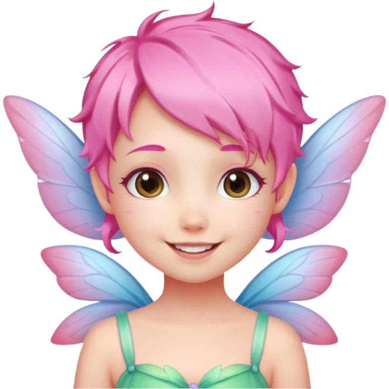 A tiny pastel fairy with pink hair with glowing wings and a sweet smile  emoji