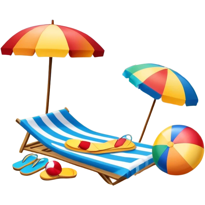 Icon for Beach Tourism: a sandy beach with a beach umbrella, with the ocean landscape in the background, flip-flops, a towel and a beach ball. The icon should capture the relaxation and fun of beach vacations. Transparent background. emoji
