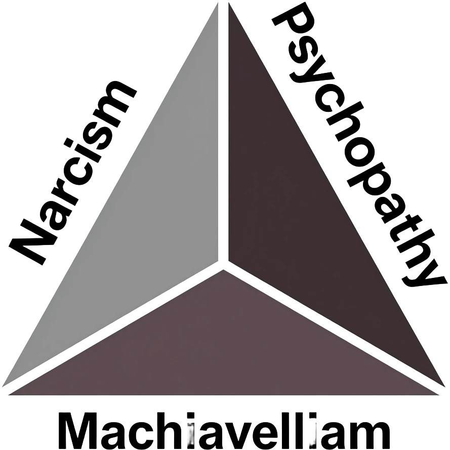 Dark triad symbol with triangle shape with the words Narcism on the left side, Psychopathy on the right side and machiavellianism on the bottom emoji