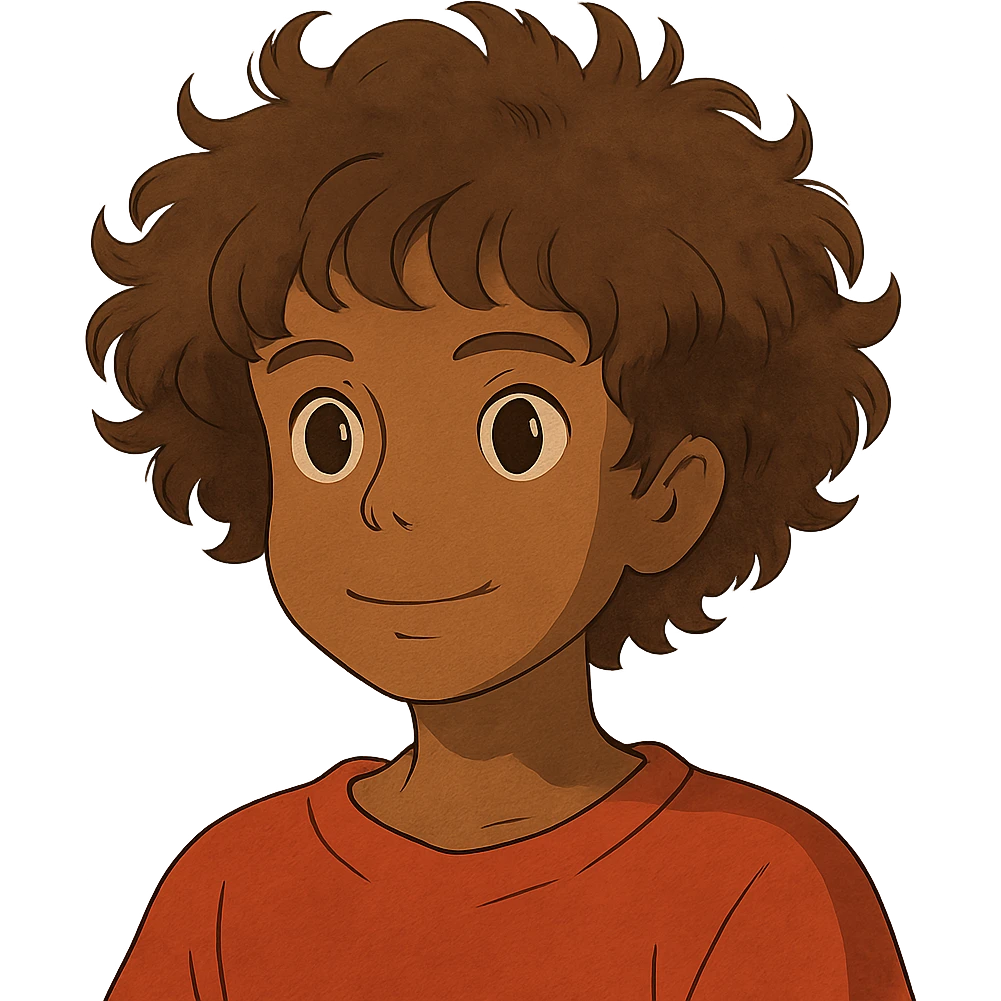 ghibli style character with curly brown hair, brown eyes, brown skin emoji