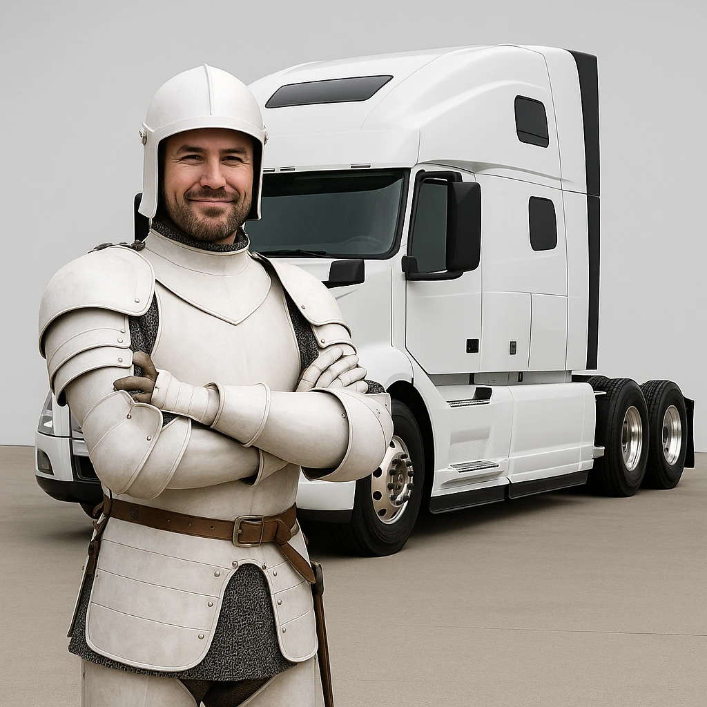 a white knight posing with a 2022 white Volvo semi sleeper truck behind him, confident, modern, clean background emoji