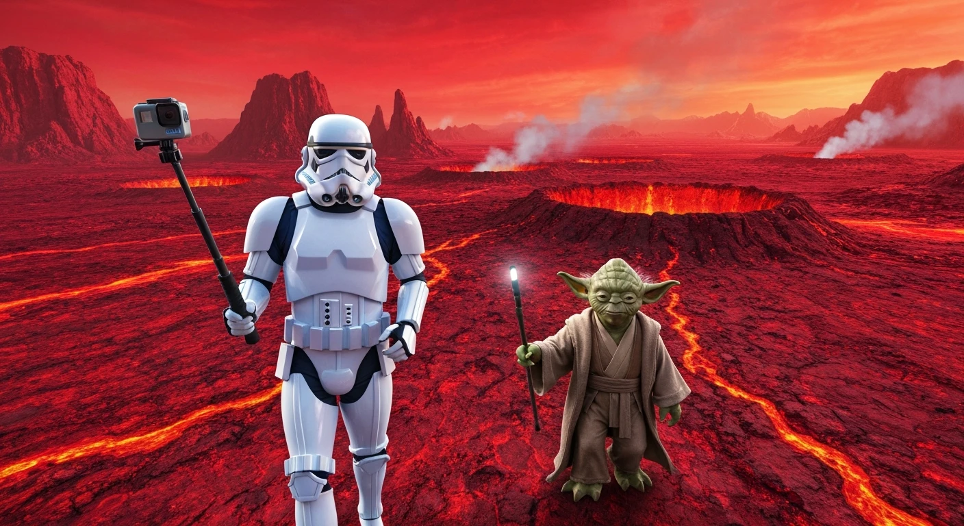 selfie camera, Starwars stormtroopers vlogging , he is walking on lava planet with yoda emoji