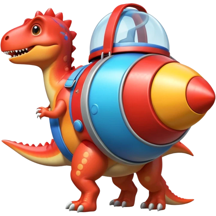 cute toy-like rocket-propelled dinosaur, rounded shapes, glossy texture, colorful rocket backpack, happy expression, 3D cartoon, mobile game icon style, clean background, no text, no watermark
 emoji