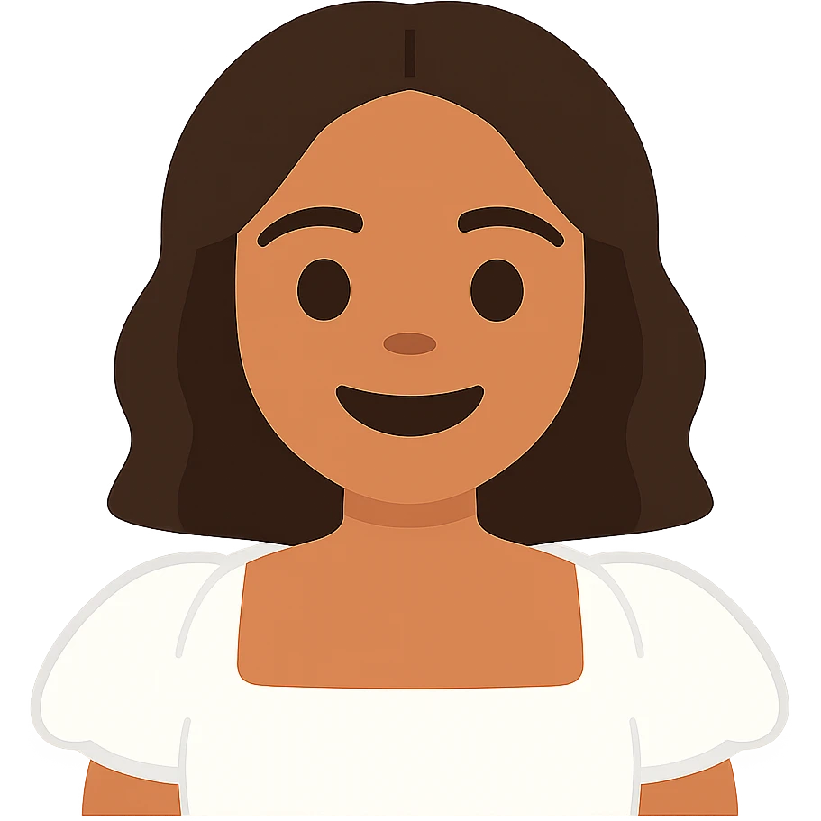 Make the emoji portrait look more like the woman in the reference image: match her facial features, hairstyle, and skin tone. Keep the white dress and smiling expression. Render in a simple emoji style with a transparent background. emoji