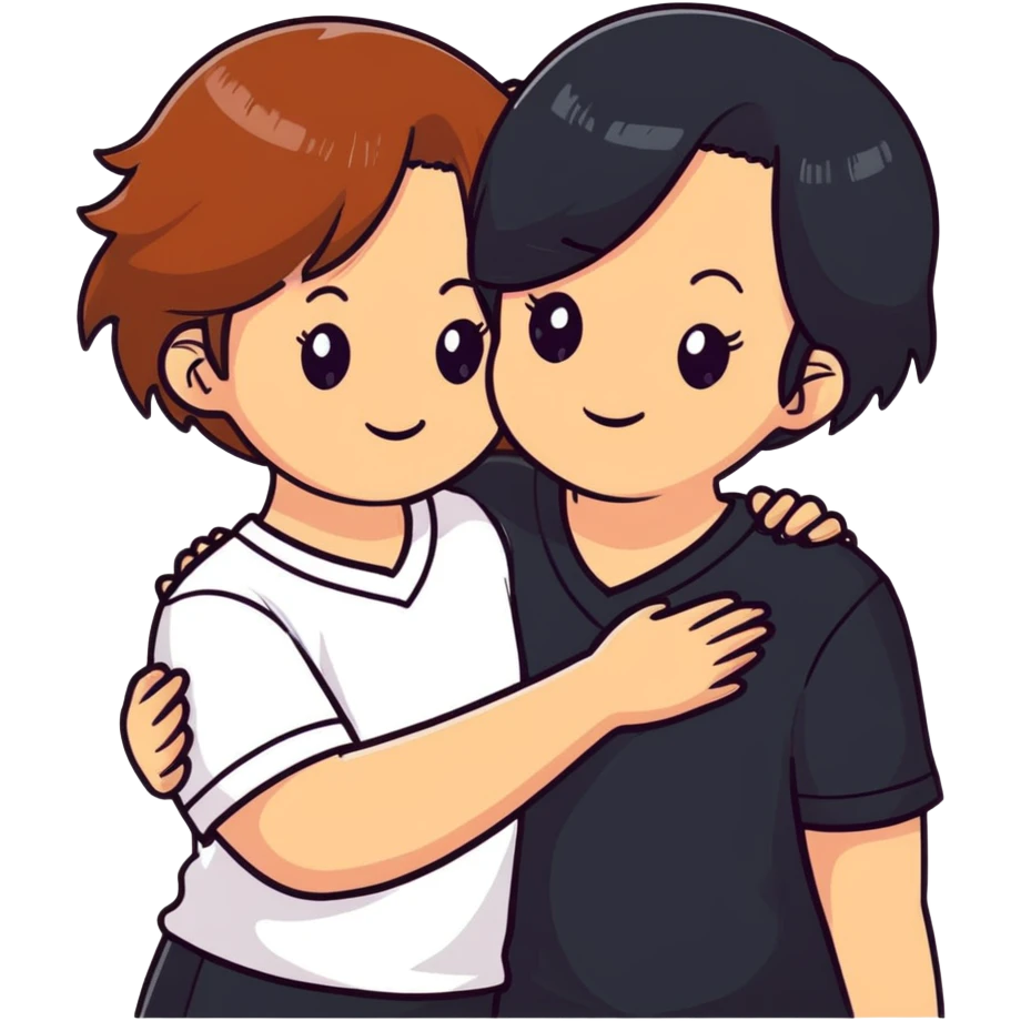 Two girls with light skin, one with chestnut hair and one with black hair, wearing white V-neck shirts, hugging warmly with gentle smiles emoji