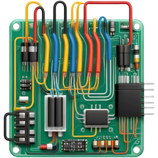 An icon featuring a circuit board, electrical wires, symbolizing electrical engineering. The design includes resistors, capacitors, and a power transformer, representing the study of electrical systems and innovation. Transparent background highlights modern electrical technology emoji