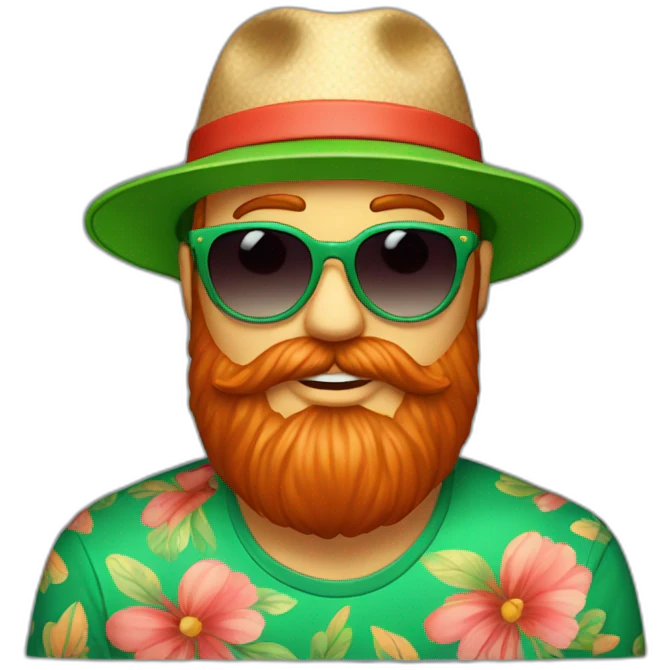 bright-red-beard-wearing-a-floral-shirt-and-wearing-green-sunglasses-and-a-bucket-hat-giving someone a hug emoji