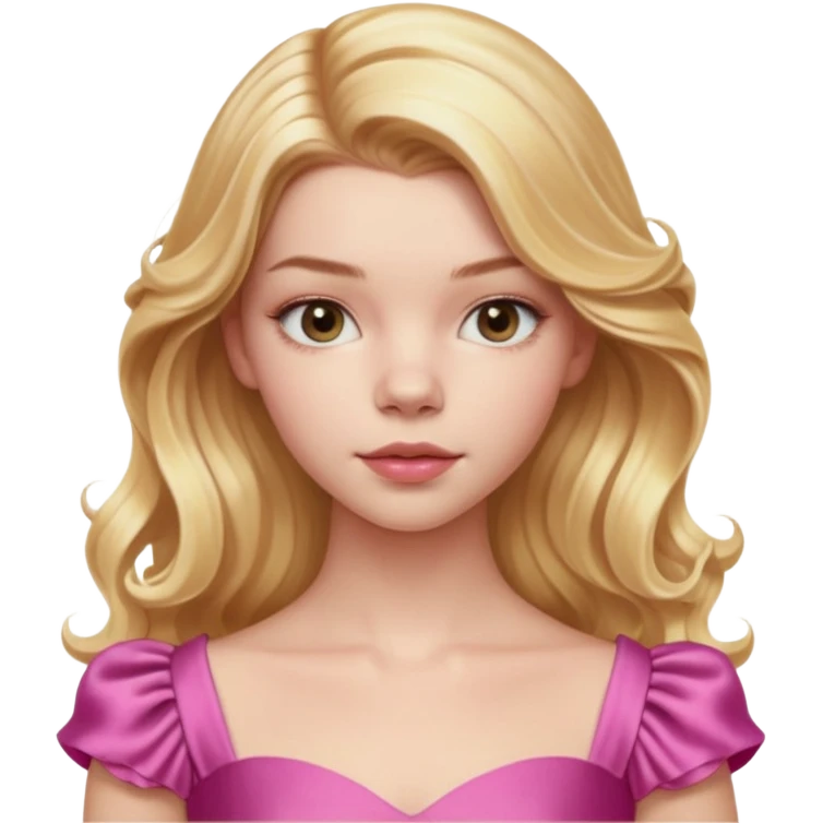 Cinematic Realistic Anya Taylor Joy Portrait, depicted with lifelike skin texture, subtle rosy undertones, and soft natural lighting that enhances the gentle contours of her face. Her intricately detailed golden blonde hair is elegantly wavy, and pink dress corquette emoji