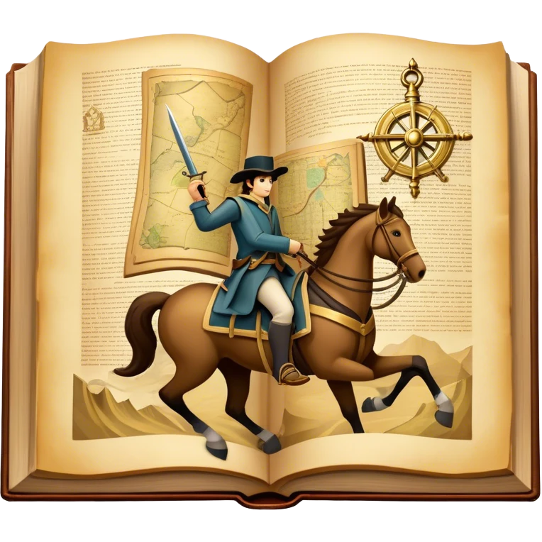Icon for Reading Fiction: a large open book with pages turning into musketeers on horseback, Sherlock Holmes and Island of treasure map. The icon should evoke the adventure and romance of exploring fictional worlds. Transparent background. emoji
