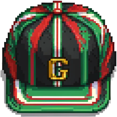 pixel art Gucci cap with green and red stripes and gold accent emoji