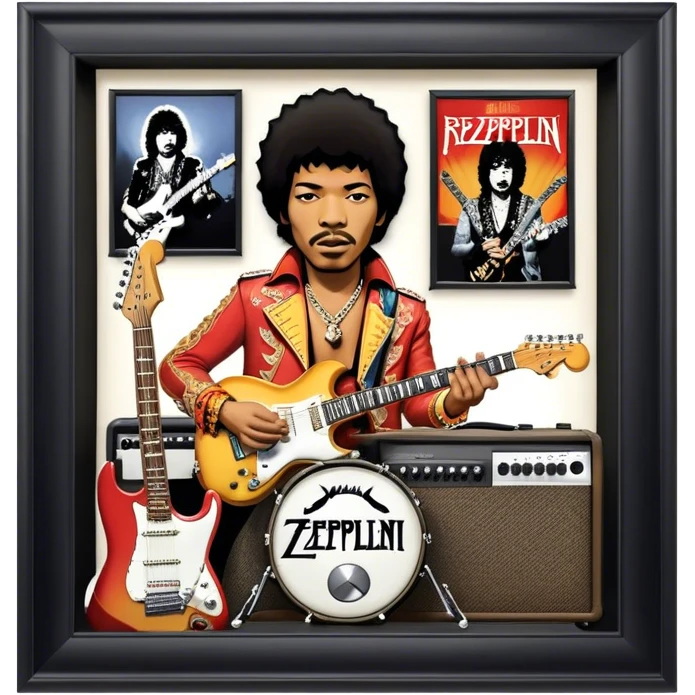 Rock music icon: powerful stage with electric guitars, drums, and amplifiers. Collage of rock icons—Jimi Hendrix, Led Zeppelin, Nirvana, and The Rolling Stones—symbolizing the energy and rebellion of rock. Transparent background. emoji