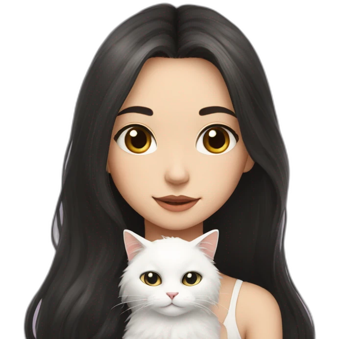 A girl with long dark hair and a white fluffy cat is lying on her left shoulder and neck emoji