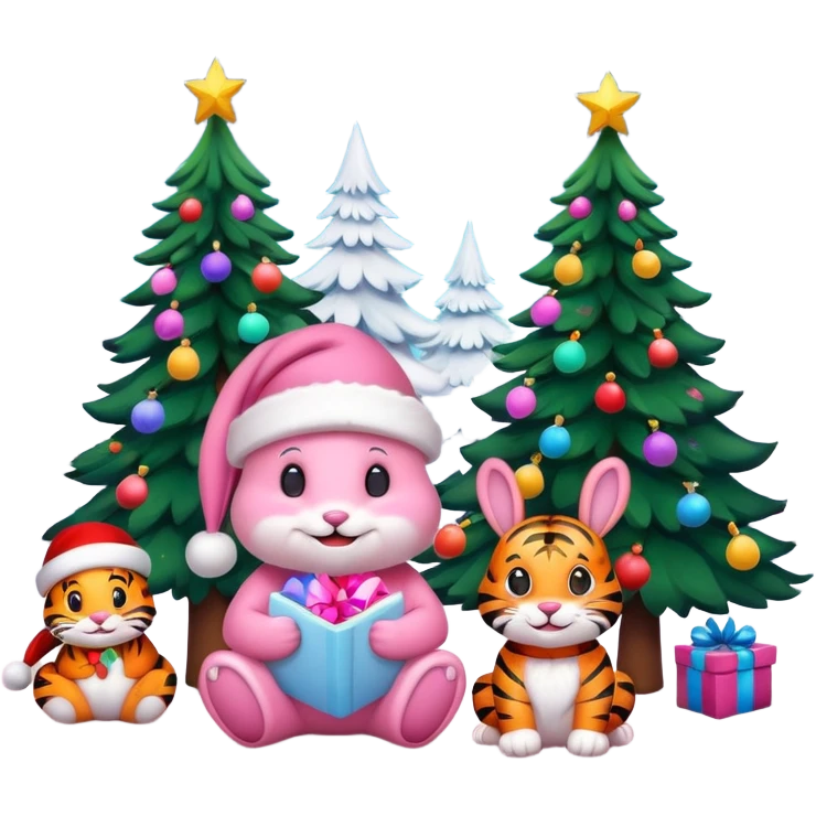 Smiling Pink Bunny with Santa hat sitting with a Tiger as friends and brightly lit colorful Christmas trees 🎁  emoji