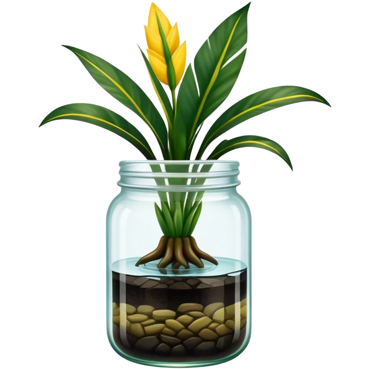 Snake plant with only straight-up dark green leave and yellow top-edges, no background, containe in a glass jar with water up to the middle emoji