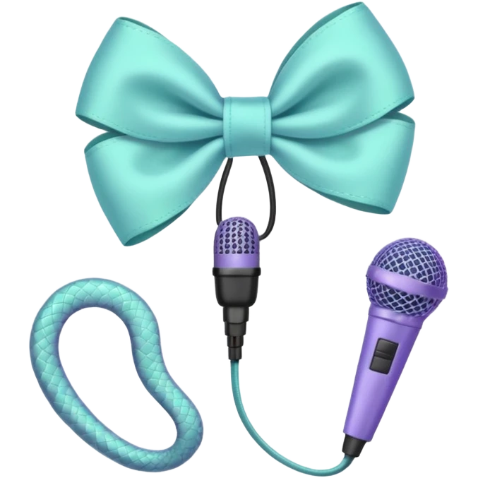 A pastel blue bow with a pastel a pastel green snake at the top of one side and a pastel purple microphone on the bottom of the other side of the bow emoji