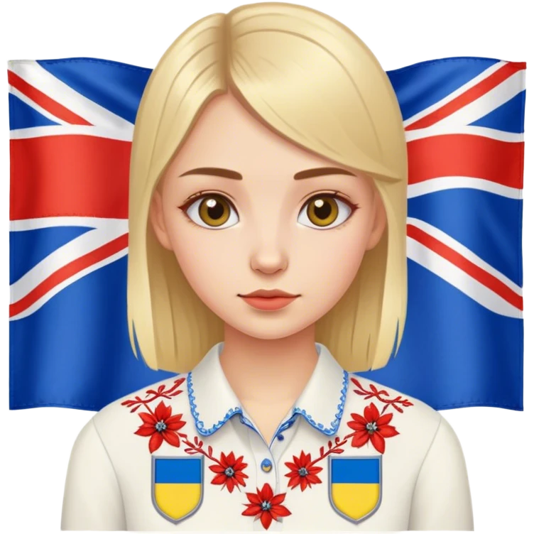 Ukrainian girl in an embroidered shirt against the background of the British flag emoji