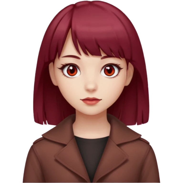 beautiful girl with maroon medium hair, straight bangs and red bando, red eyes and brown clothes emoji