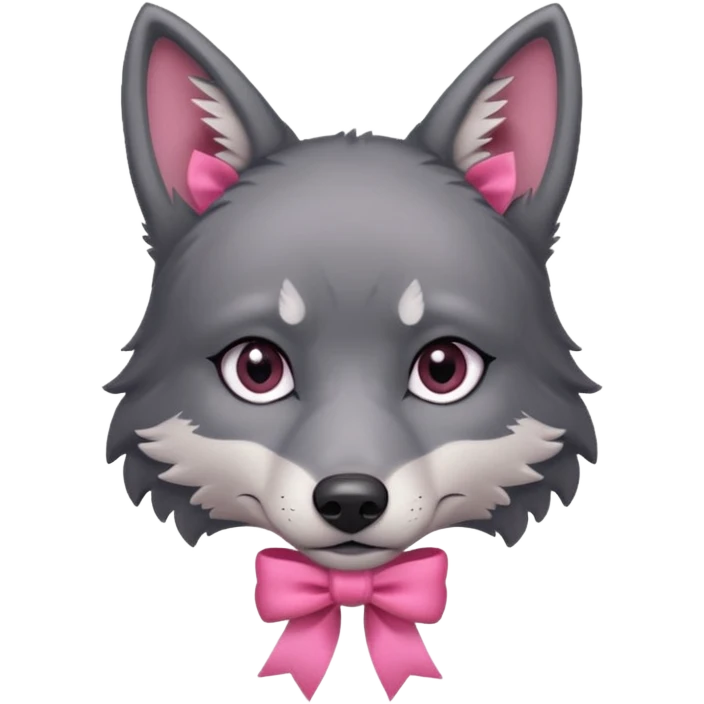 Pleading sad Face cute dark grey wolf with a pink ribbon on his ear head emoji