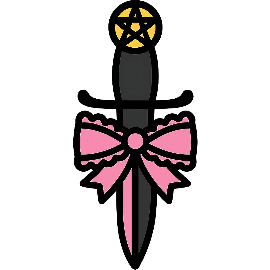 gothic knife, black and pink, with pentagram and lace bow, color outline icon style emoji