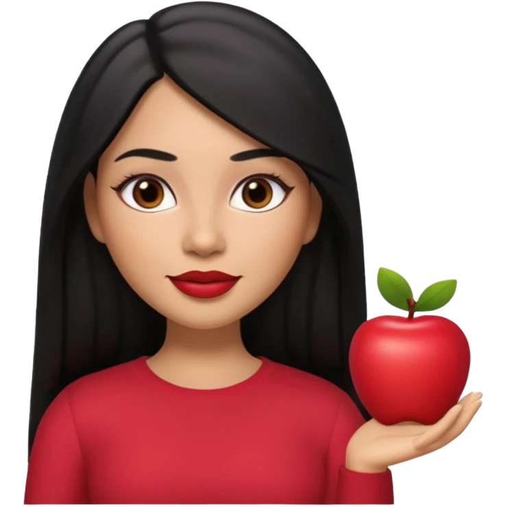 realistic Apple-style Memoji of a young Latina woman, medium warm skin tone, long straight black hair parted in the middle, defined eyebrows, almond-shaped dark brown eyes, full lips with light berry red lipstick, 3D look, soft shading, gentle smile emoji