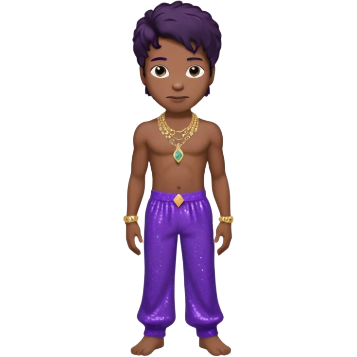 Prince Rogers Nelson with purple sequin baggy pants, shirtless with necklace, dark brown hair emoji