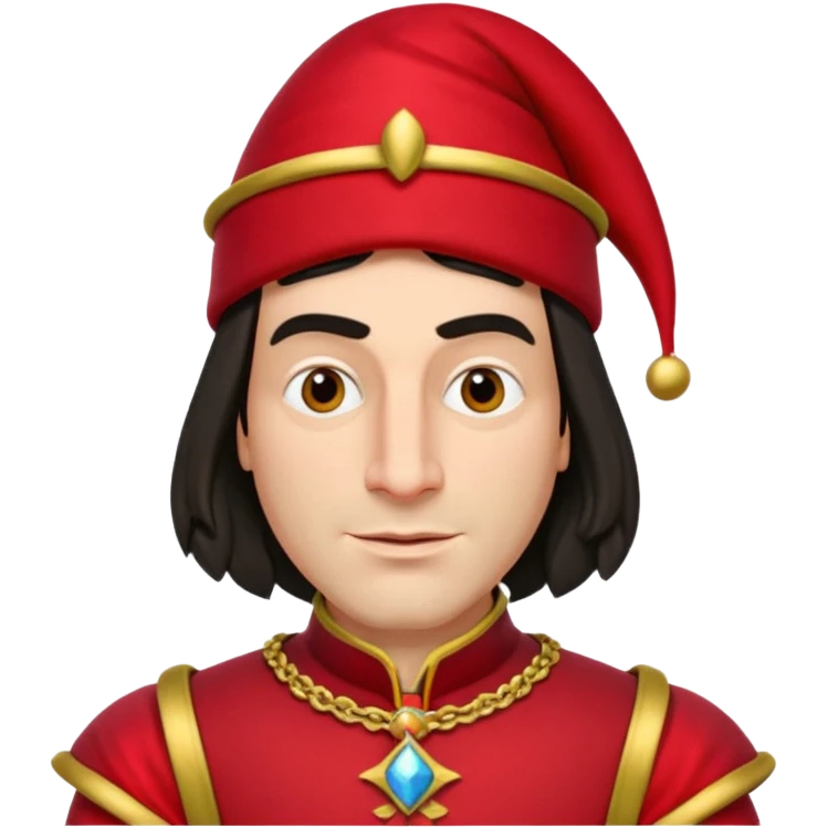 lord farquad avec un chapeau rouge plat sur le dessus, il a un vêtement rouge avec des manches bouffantes rouge et dorée emoji