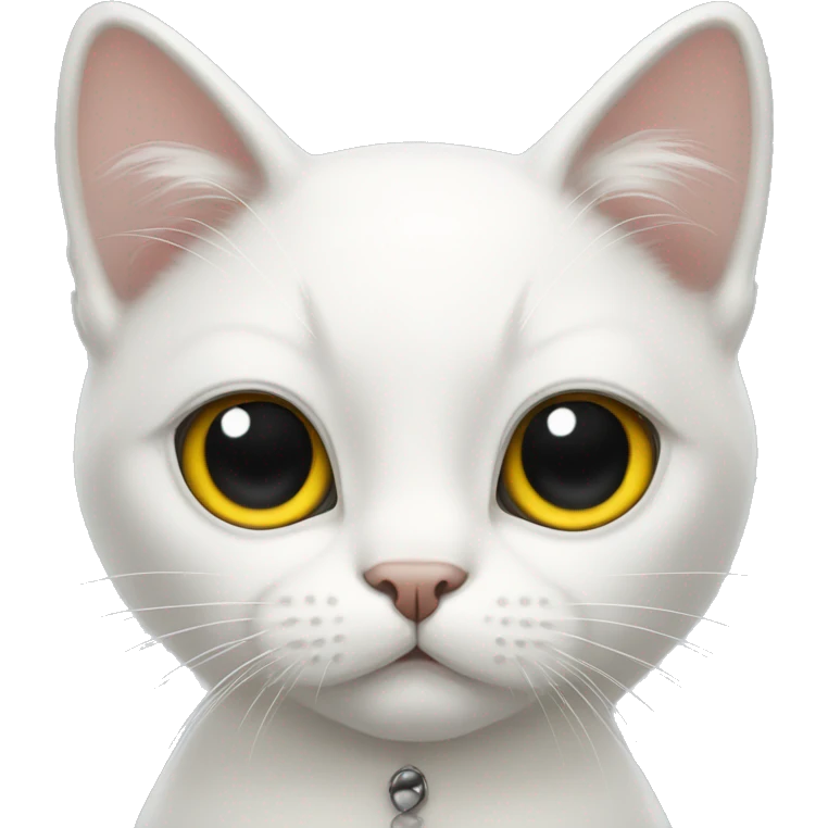 white cat whith white bow black eyes, and a yellow nose emoji