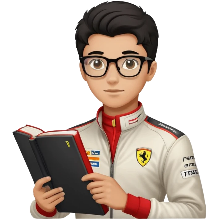 Niño adolescente de 14 años pero parece de 17, alto, musculoso, moreno claro, pelo de librito de color negro, usa lentes cuadrados, alto, corredor de f1, le va a Ferrari  emoji