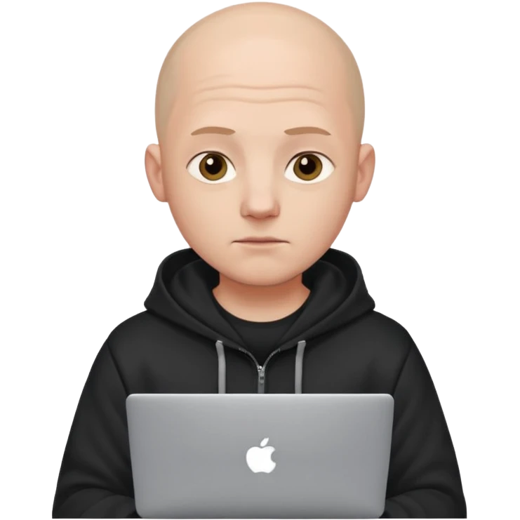 bald young programmer with MacBook wears hoodie  no scalp wrinkle emoji