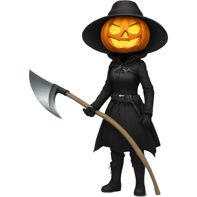 Human female pumpkin hunter with a scythe, glowing pumpkin eyes inside a black helmet, Halloween theme, emoji emoji