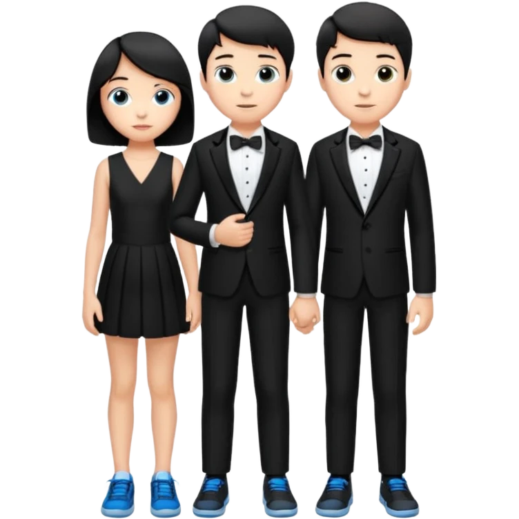 generate a pretty bratz fair skinned boy with short black hair wearing a black tux with blue sneakers with a girl emoji