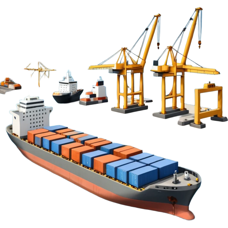 A 3D cartoon cargo or passenger seaport terminal with cranes and ships docked, calm lighting, Memoji-style realism. emoji