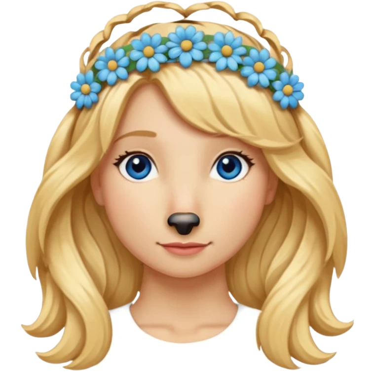 Long, straight, blonde hair, blue eyed woman.   Wavy, blonde goldendoodle emoji