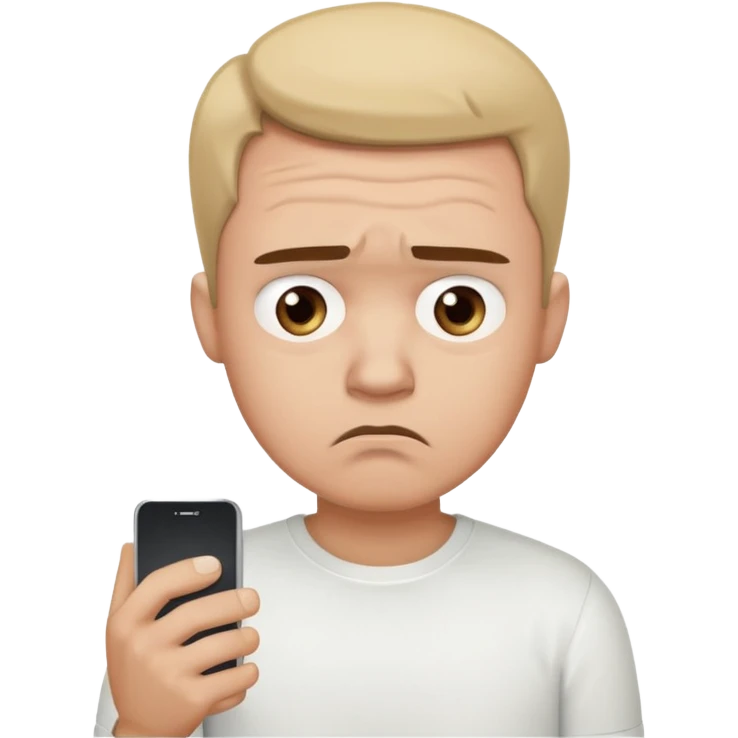 A sad-looking cartoon man holding a smartphone, staring at the screen with worried eyes and a frown, wearing a white shirt. emoji
