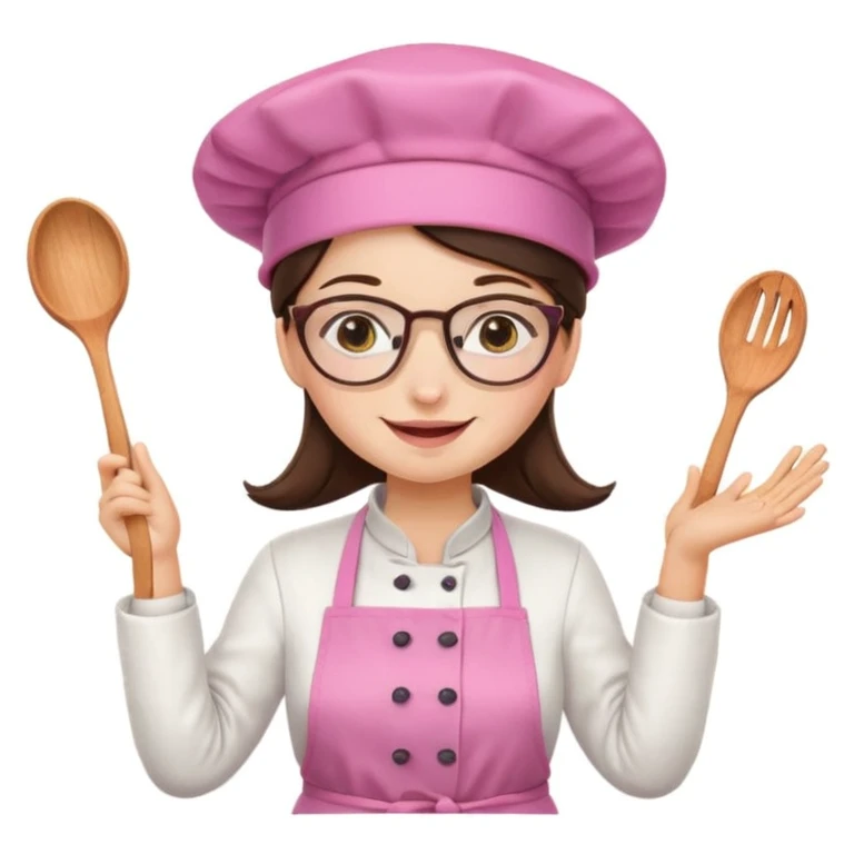 brunette girl with glasses and a pink kitchen hat cooking, different pose, emoji style emoji