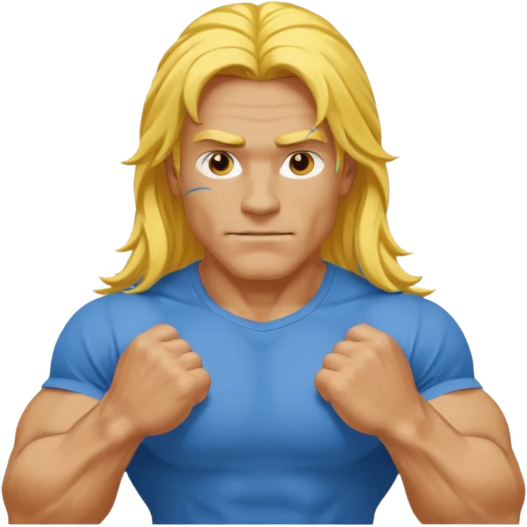 guy with biceps, long yellow hair, blue t-shirt emoji