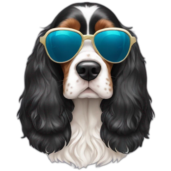 Tri coloured English cocker spaniel with sunglasses emoji