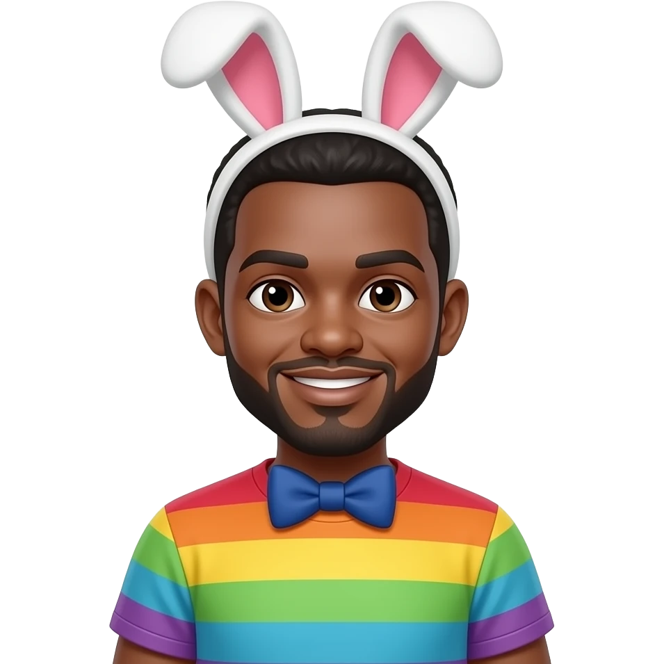 african Man in colourful tshirt with bunny ears and bowties bust size emoji
