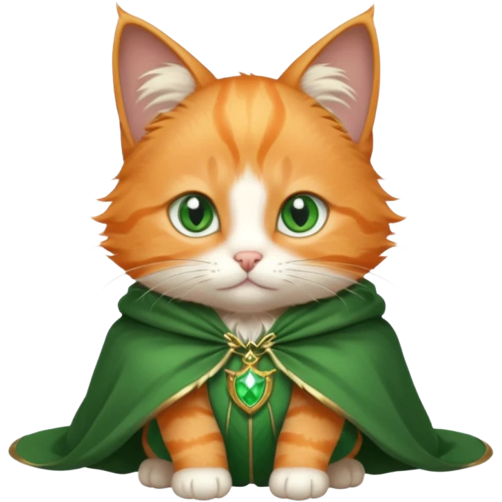 baby orange cat green eyes, in magic silver cloak emoji