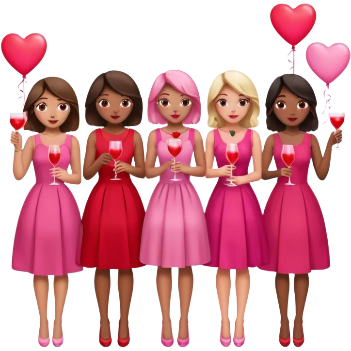 galentines party : they wea red and pink dresses, hold pink and red heart balloons and pink cocktails in their hands, there is a blond girl, a brunette, an asian, and a brown skin girl emoji