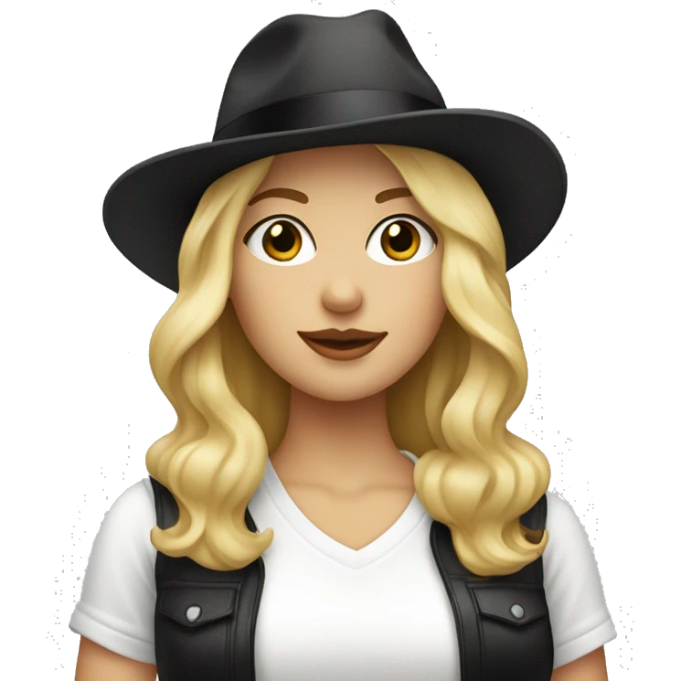 blonde white woman wearing an oversized glittery white tshirt + black fedora emoji