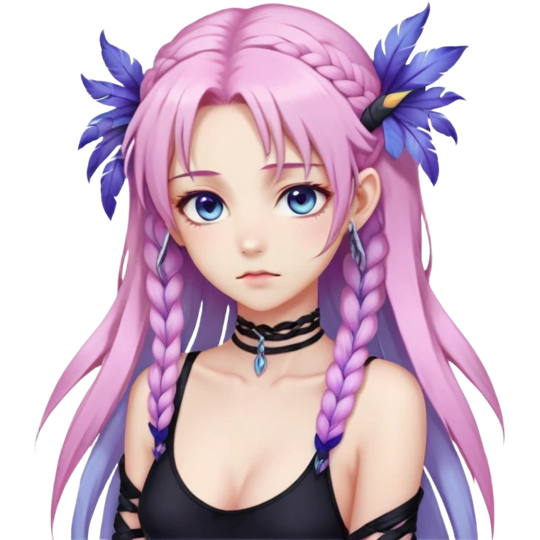 Gorgeous beautiful pretty grumpy anime lady long-pale-whitish-pastel-pink-hair with one braid on each side, hanging gradient-purple-pink feather-ear-cuffs on each side in hair, black bodysuit covering neck, blue eyes, pink iris, ethereal, fashion aesthetic  emoji