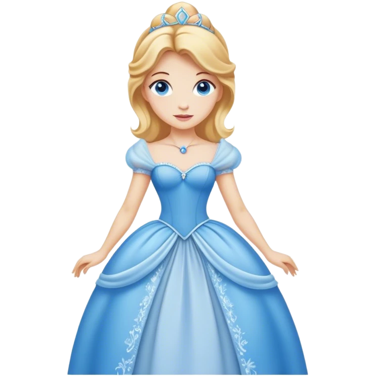 Cinematic Realistic Comical Cinderella Portrait, with every detail rendered realistically—from the soft, smooth texture of her fair skin to her artfully styled golden-blonde hair. Her bright blue eyes are wide with playful disbelief, and her expression carries a touch of whimsical humor while retaining elegant poise. Her classic ball gown, detailed with rich fabric textures and natural shadows, catches the light in a way that blends refined beauty with a hint of cheeky mischief, creating a striking, lifelike portrayal. emoji
