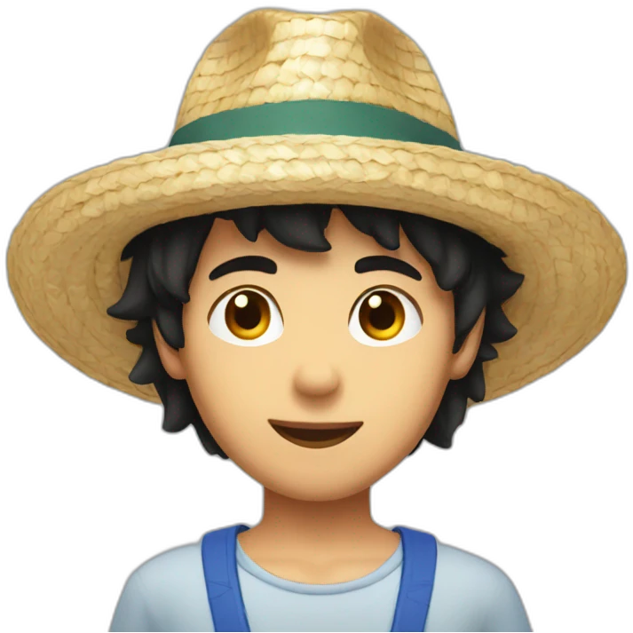A brunette boy with black hair and a straw hat emoji